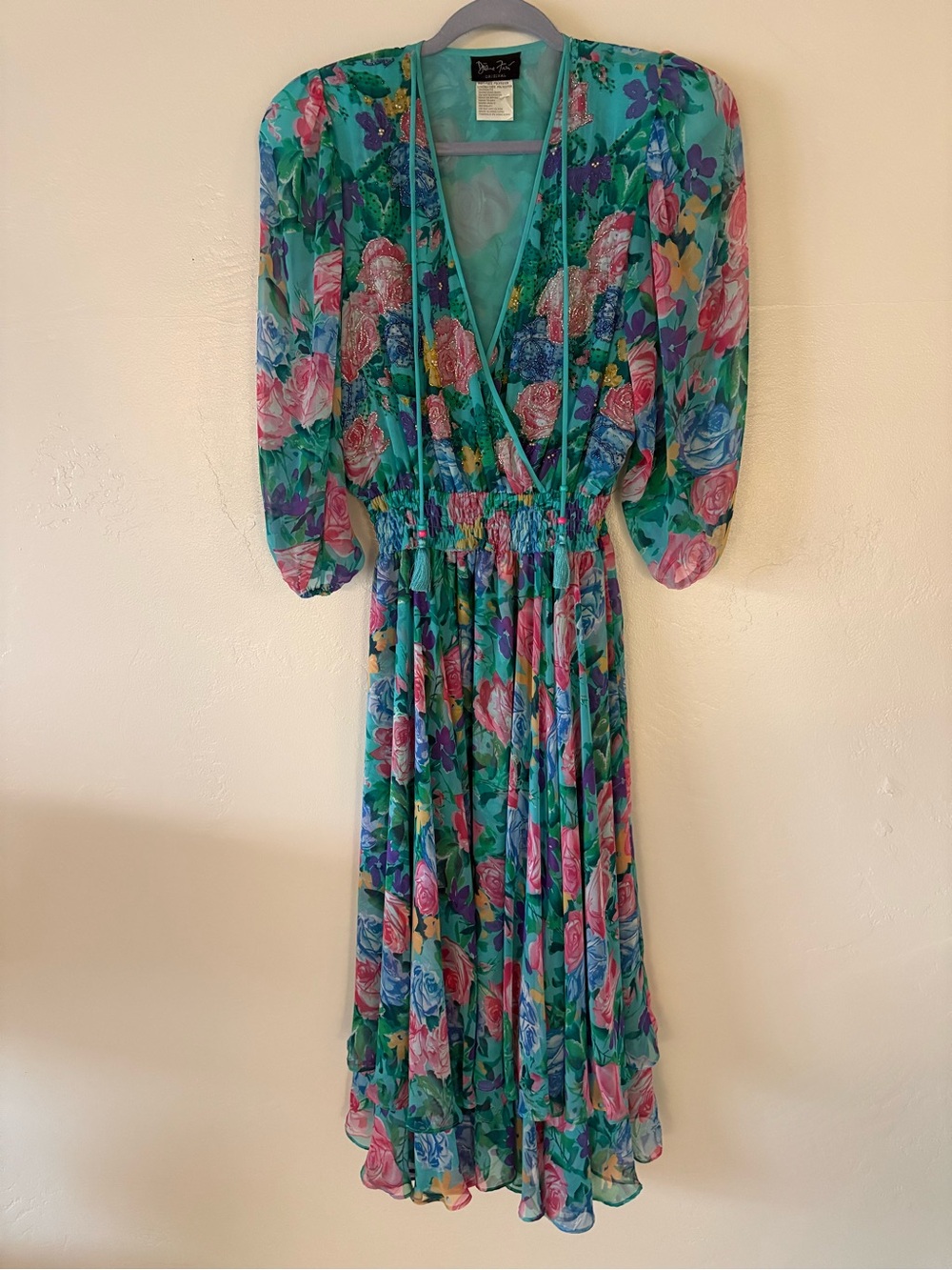 Vintage Diane Freis Georgette Floral Wrap  Maxi Dress - Teal Floral Beaded OS